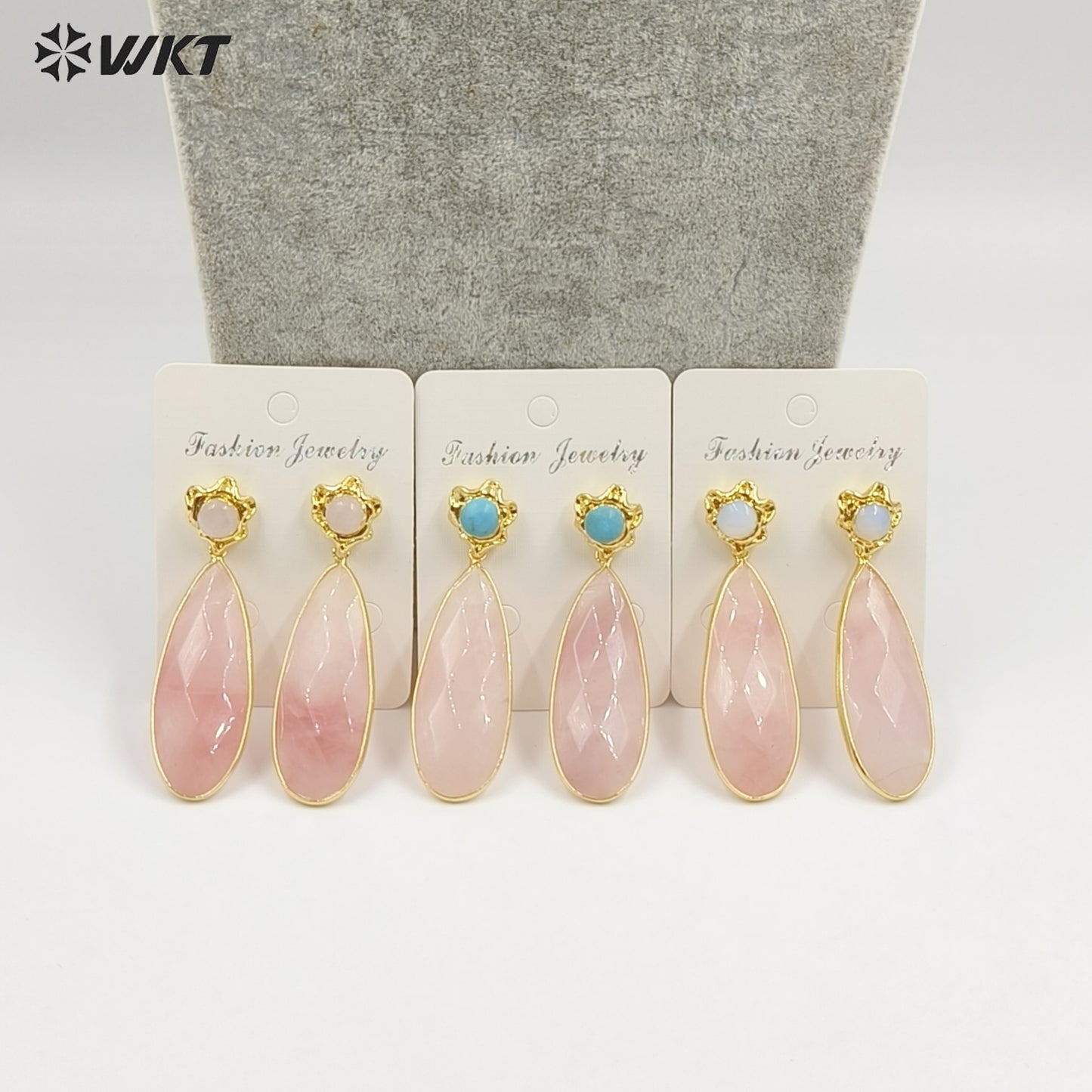 WT-E792 New Design Gold Plated Natural Small Gemstones And Pink Crystal Long Waterdrop Shape Earrings As Women Romantic Gift