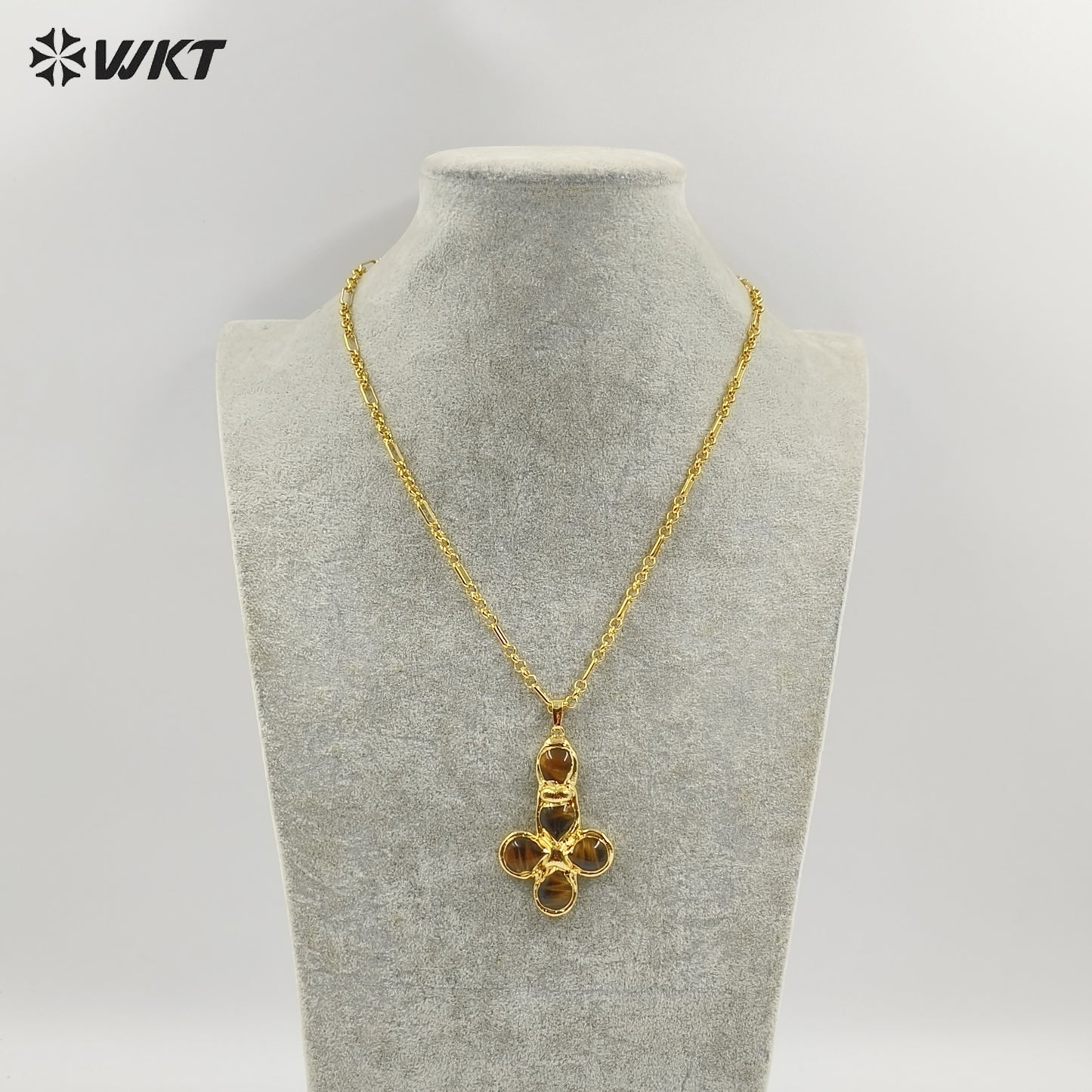 WT-N1495 Newest Wonderful Amazonite Natural Gemstone Back Full Gold Plated Cross Shape Pendant Necklace Fashion Jewelry