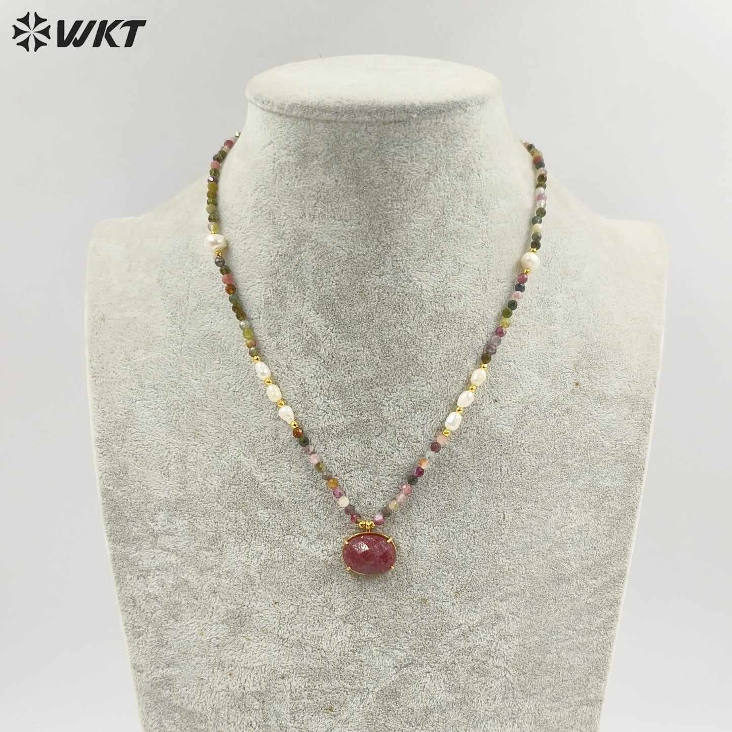 WT-N1445 WKT Best 2023 Newest Natural Gemstone and Pearl Women Simple Hoop Aura 16+2inch Stone Beads Necklace