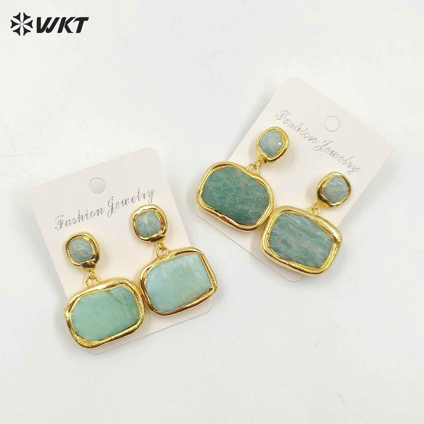 WT-E753 Amazing New Natural Square Fashion Handmade Gold Plated Amazonite Stone Earrings