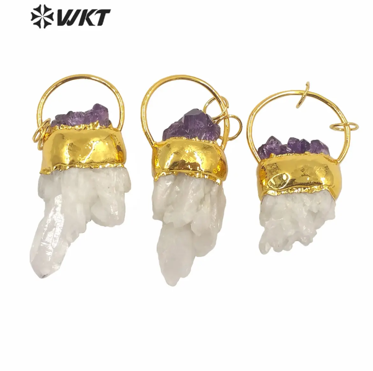 WT-P1582 Wholesale Gold Electroplated White Cluster Quartz Point Pendant Lady Fashion Natural Druzy Quartz Point Pendant