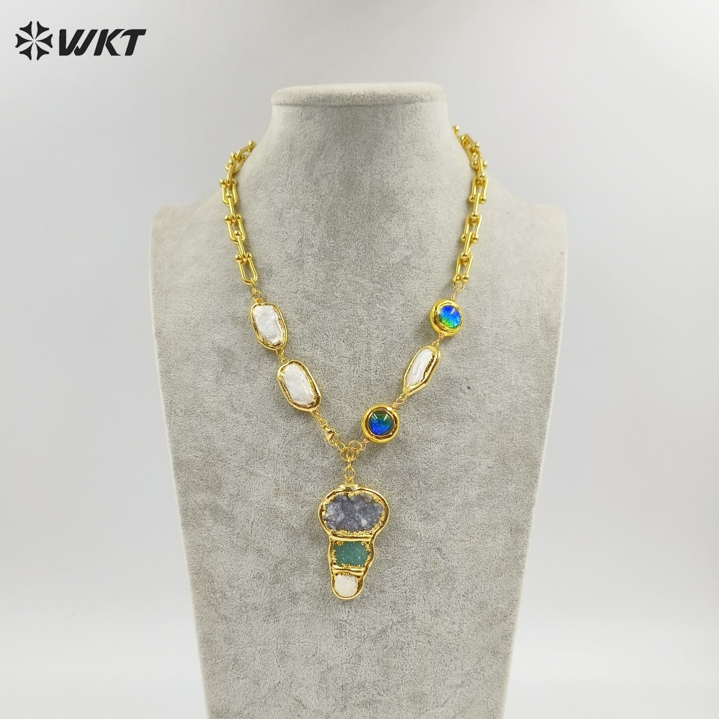 WT-JN257 WKT New Exclusive Design 19 Inch Long Handmade Chain Assemble With Beads Pearl Druzy Agate Pendant Women Necklace