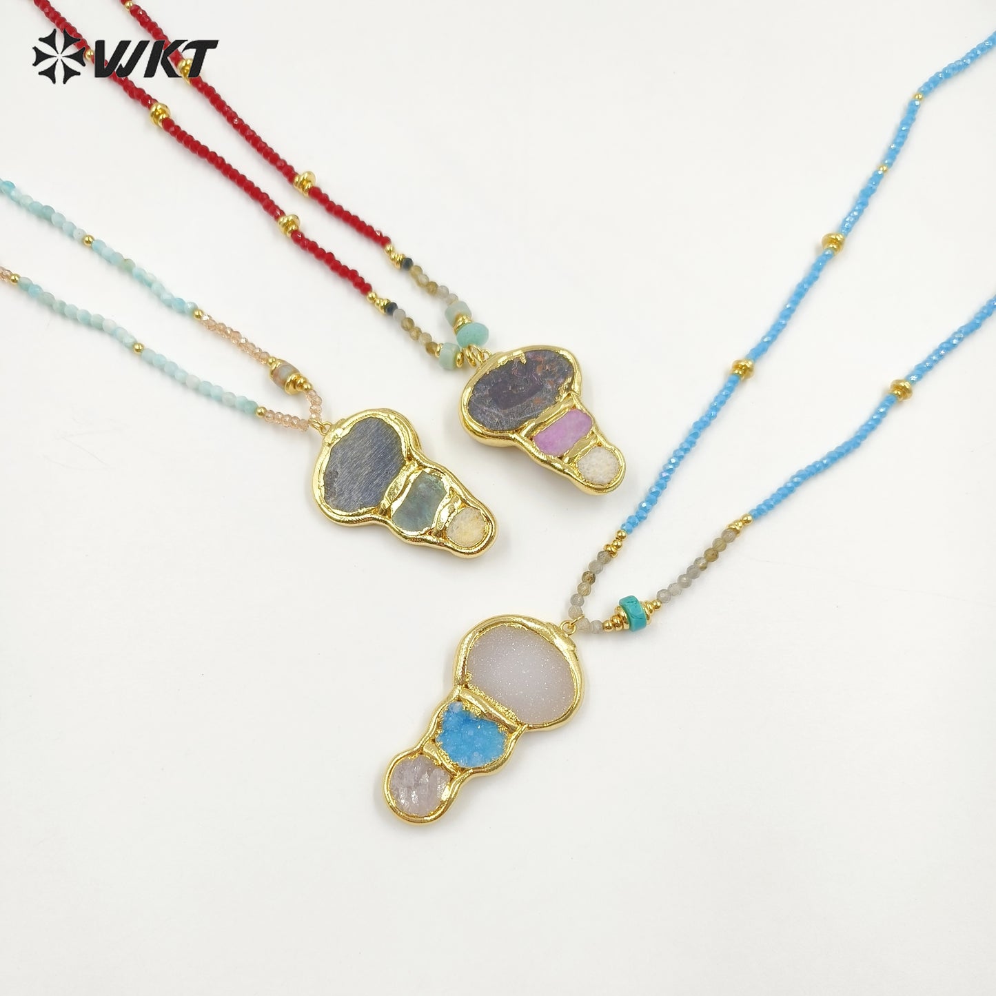 WT-N1452 Amazing Flame Color 3mm Beads Hand Strand With Natural Druzy Quartz Stone Pendant Fashion Boho Women Necklace