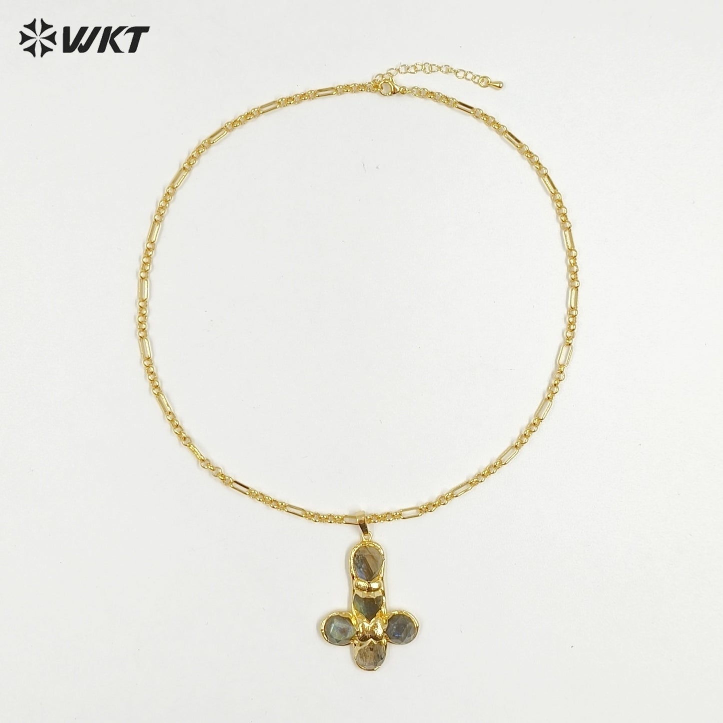 WT-N1495 Newest Wonderful Amazonite Natural Gemstone Back Full Gold Plated Cross Shape Pendant Necklace Fashion Jewelry