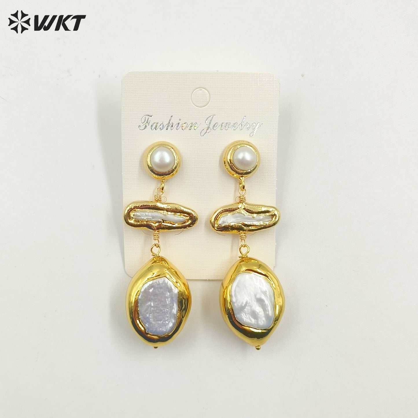 WT-MPE125 Wholesale Fashion 18k Gold Plated Resist Tarnishable Natural Freshwater Pearl Long Drop Dangle Earrings