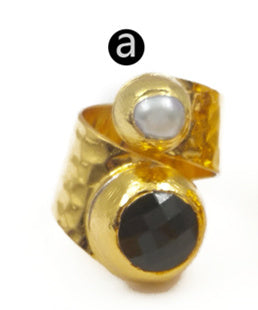 WT-R329 Fashion Design Women Adjustable Gold Jewelry Gemstone and Natural Freshwater Pearl Jade in Round Shape Ring