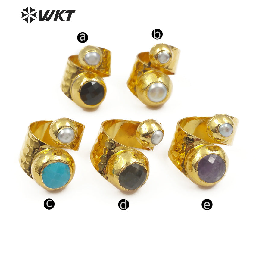 WT-R329 Fashion Design Women Adjustable Gold Jewelry Gemstone and Natural Freshwater Pearl Jade in Round Shape Ring