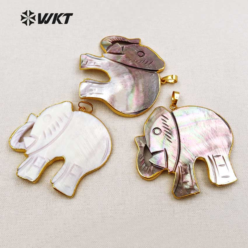 WT-P1345 Adorable Newest Shell Carved Elephant Pendant Unisex Handcarved Gold Trim Shell Elephant Pendant Natual Shell Pendant