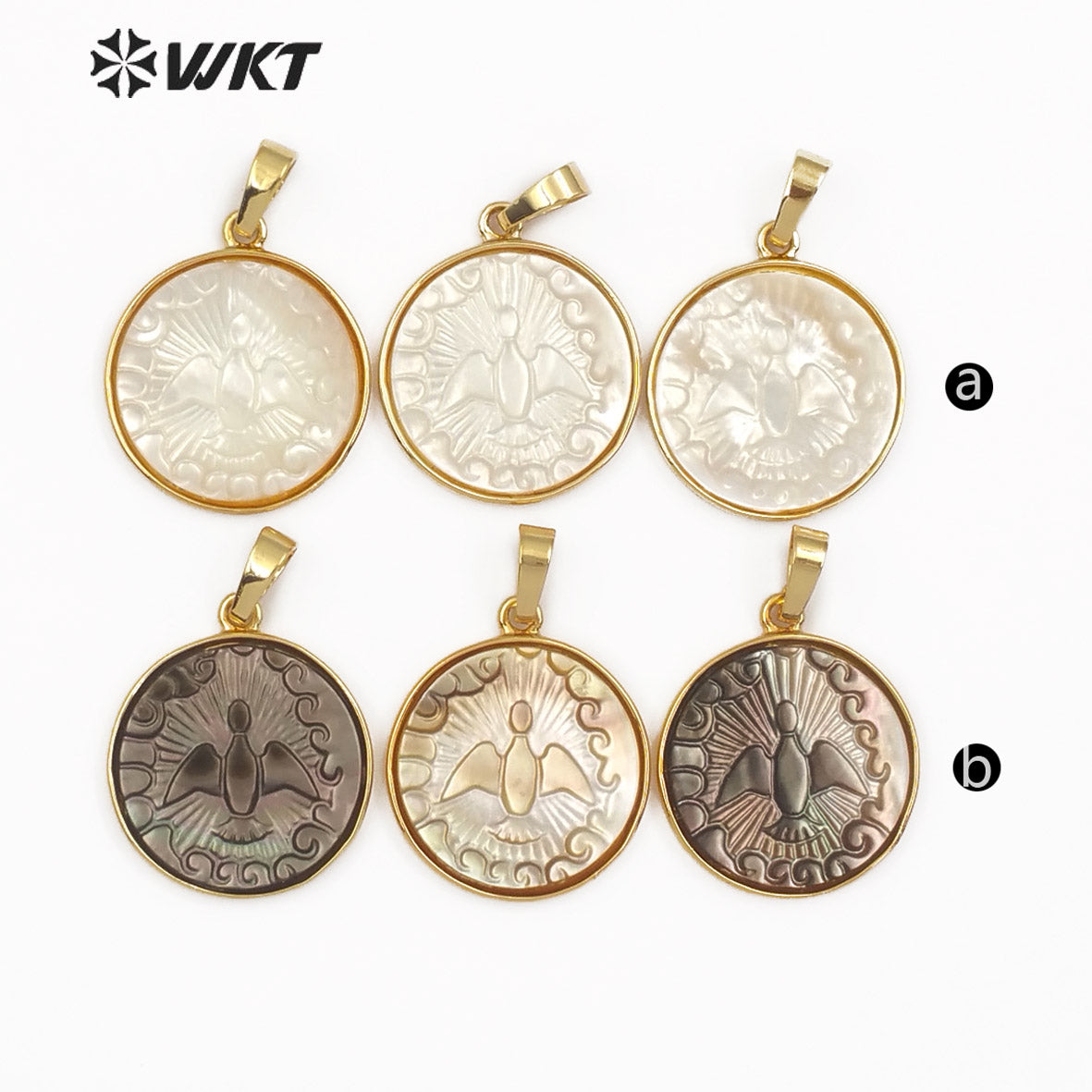 WT-JP091 Round Shape Gold Pendant With Bird Pattern in White Black Color Dainty Carved Shell Jewelry Natural Pearl Shell Pendant