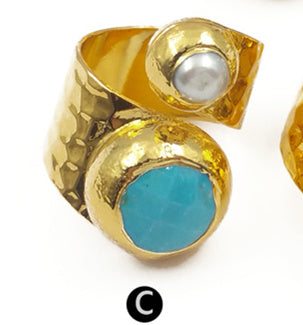 WT-R329 Fashion Design Women Adjustable Gold Jewelry Gemstone and Natural Freshwater Pearl Jade in Round Shape Ring