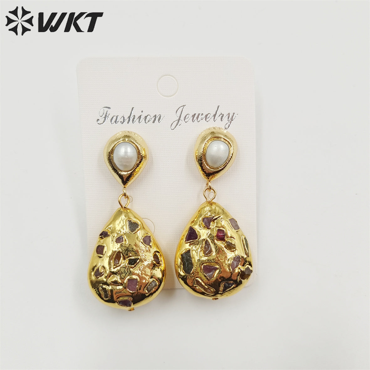 WT-MPE088 WKT NEW Design 18k Real Gold Plated Teardrop rubble Tourmaline Made Pearl Studs Earrings Gorgeous Charming Drop Studs