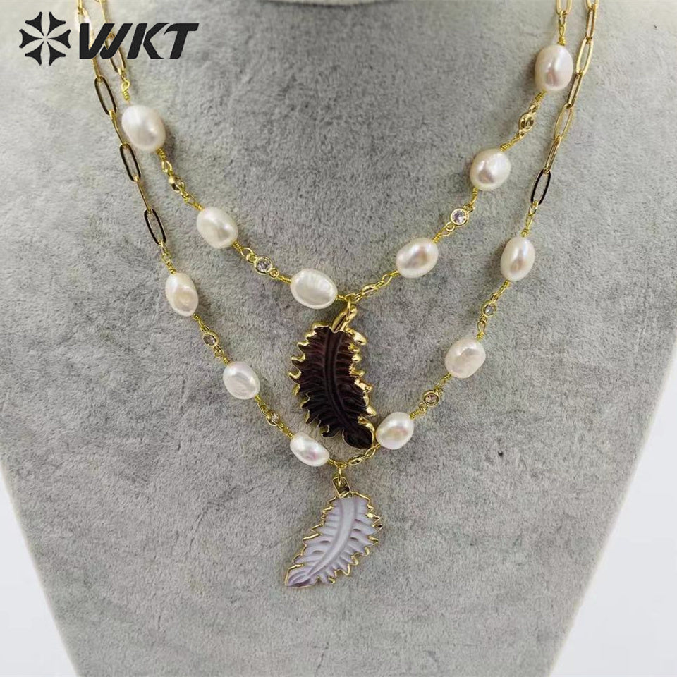 WT-JN234 Wholesale Newest Fashion Feather Freshwater Pearl Necklace Gorgeous Multi- Color Optional Pearl Fancy Chain Necklace