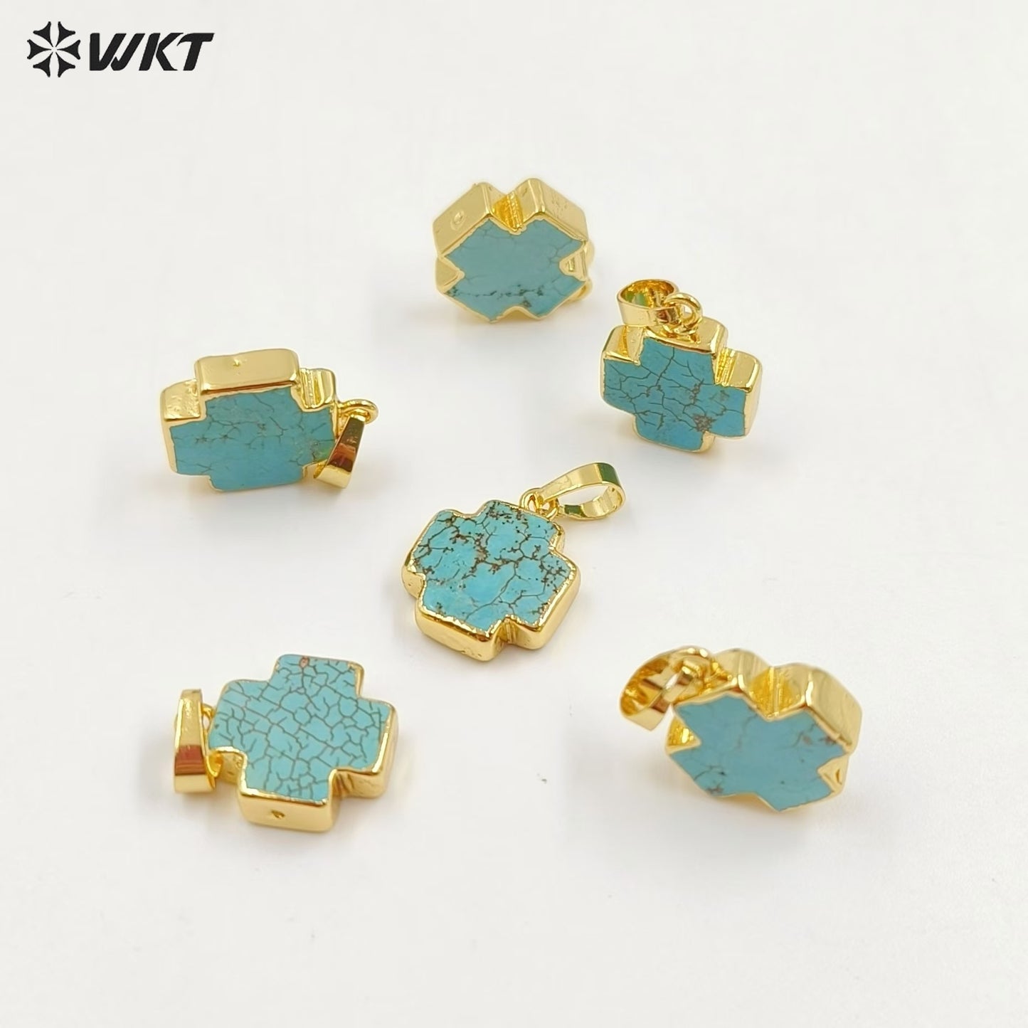 WT-P952 Vintage 18K Real Gold Plated Natural Turquoise Made Cross Pendant Bohemian Green Stone Jewelry Charms for Necklace