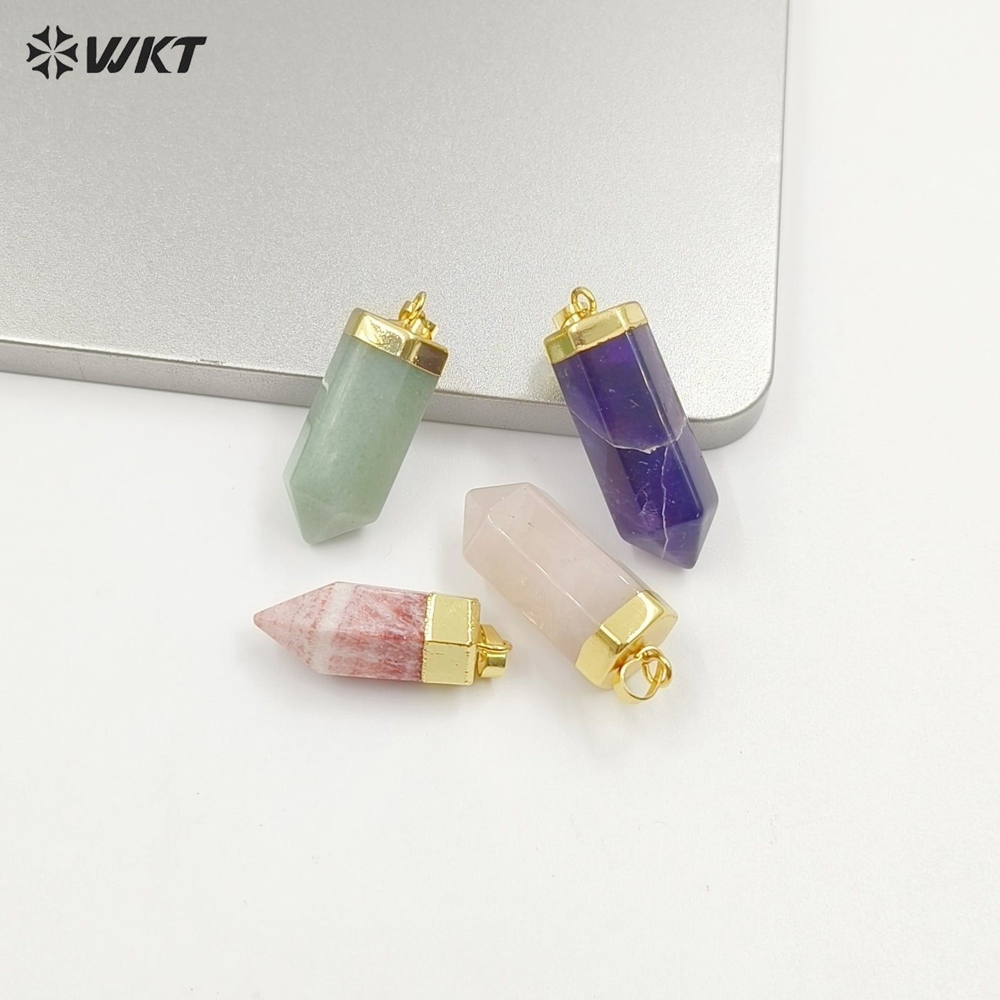 WT-P2007 Natural Precious Hexagon Gemstone Quartz Point Bullet Pendant with Gold Plated on Top Energy Jewelry Pendants