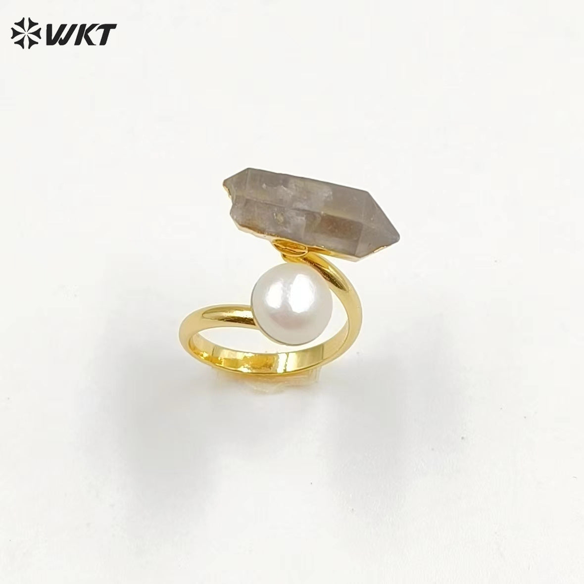 WT-MPR065 Gorgeous Energy Crystal Helkimon Sparkle Diamond Quartz Stone Ring With Pearl for Women Lucky Unique Design
