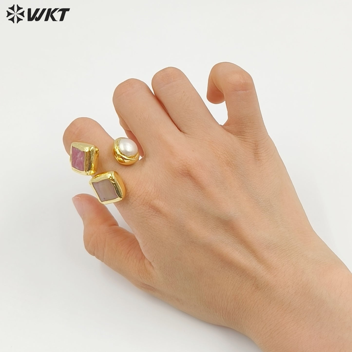 WT-R573 Wonderful Vintage Style 18K Gold Plated Double Natural Stones And Pearl Adjustable Women Rings As Party Present