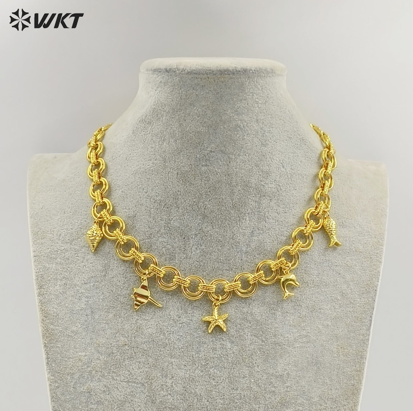 WT-JFN46 Wholesale Amazing Gold Plated Double Circles Chain With Cute Shell Charms Necklace For Women Seaside Vacation Gift
