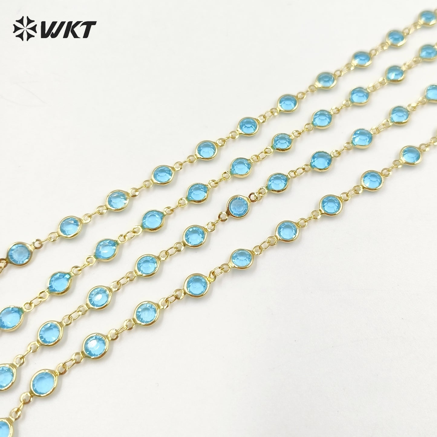 WT-RBC230 Super Hot 18K Real Gold Plated Aqua Crystal Round Beads Chain for Women Jewelry Necklace DIY Design Findings