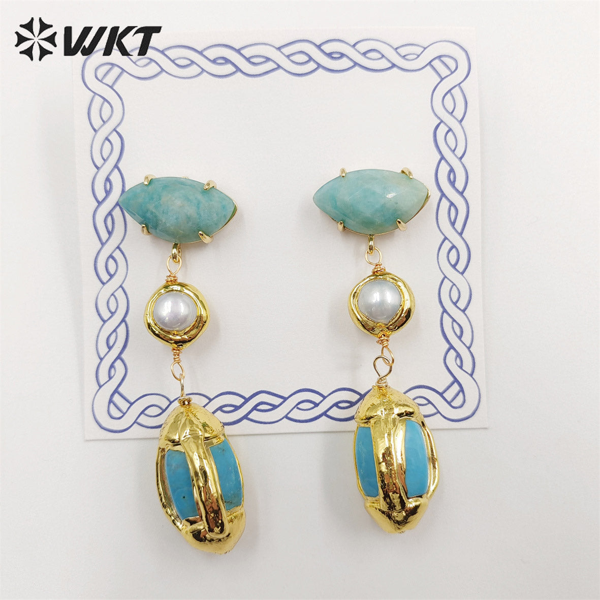 WT-E710 Wholesale Newest Fashion Gold Triple Stone Combined Earrings Women Wire Wrapped Handmade Gemstone Quartz Earrings
