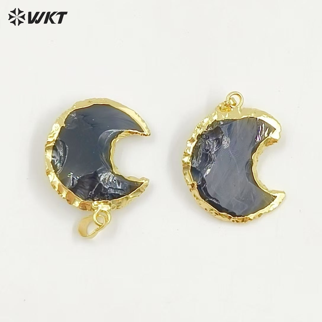 WT-P1322 Amazing Handmade Handmer Natural Raw Black Obsidian Crescent Horn Moon Stone Pendant With 18k Real Gold Plated