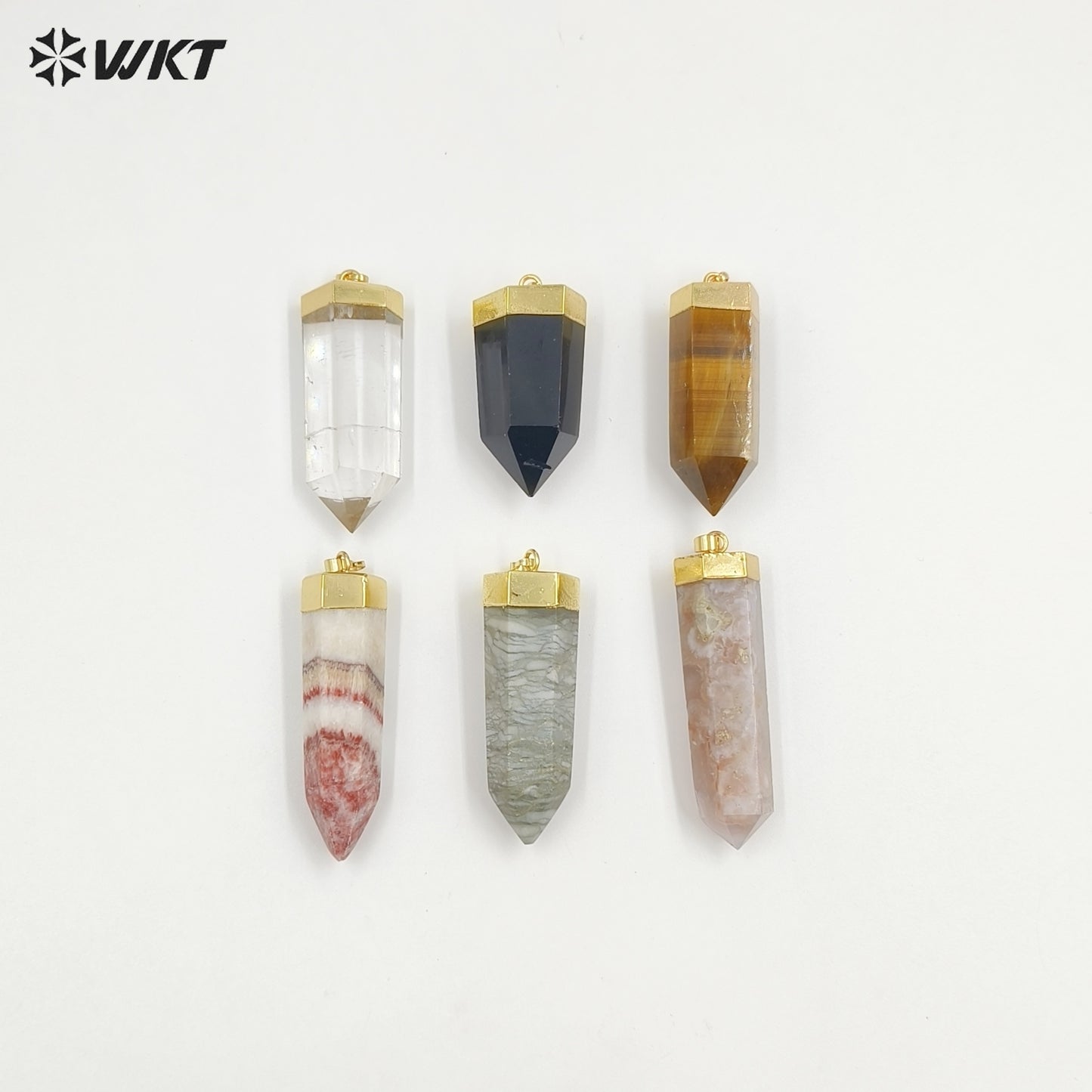 WT-P2007 Natural Precious Hexagon Gemstone Quartz Point Bullet Pendant with Gold Plated on Top Energy Jewelry Pendants