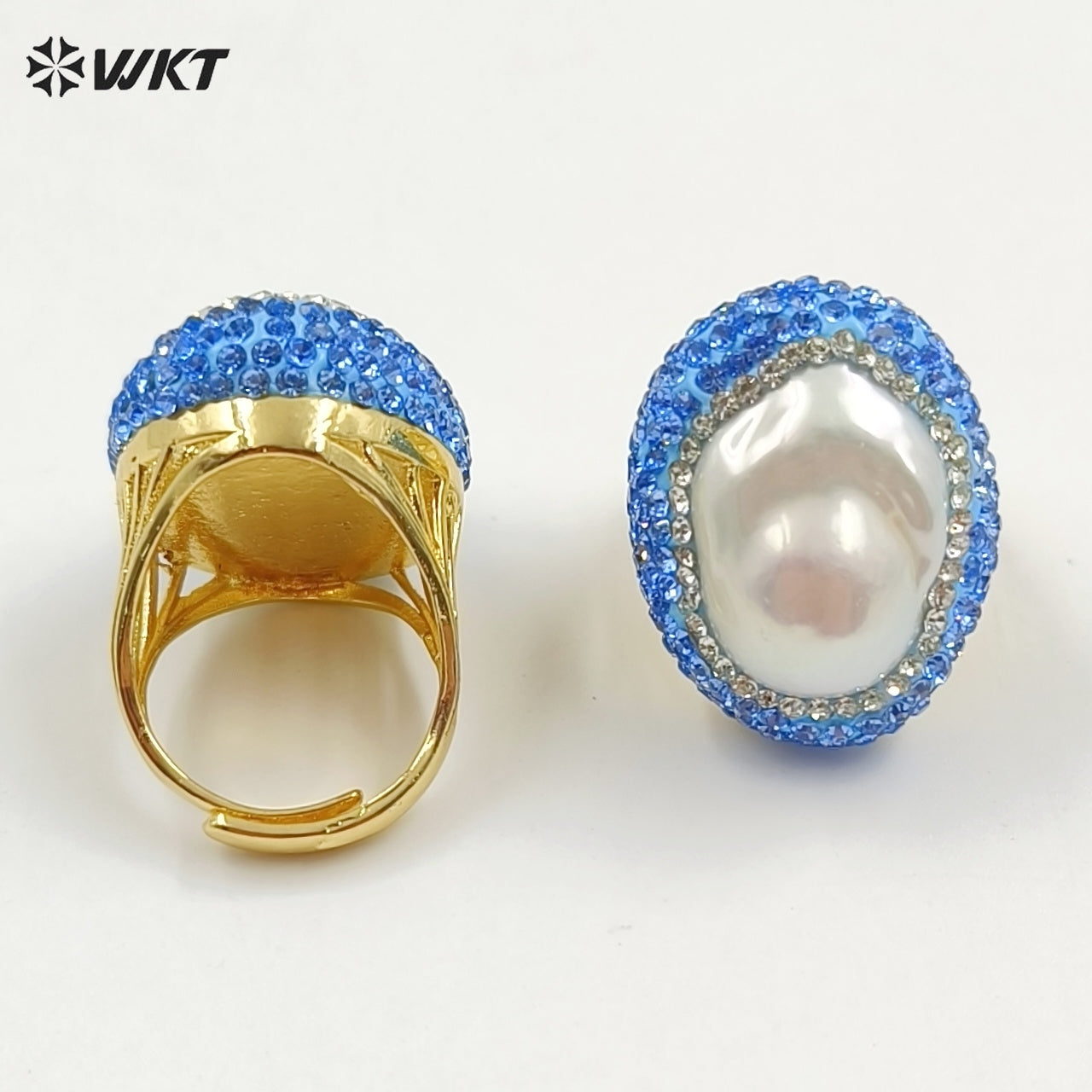 WT-MPR094 Wholesale Fashion 18K Gold Plated Natural Baroque Pearl With Blue Rhinestone Around Women Rings for Gift