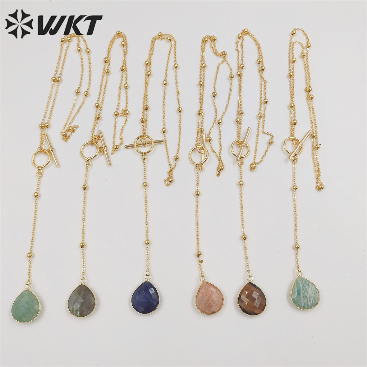 WT-N1386 WKT Newest Fashion Gold Plated Women Lariet Pendant Necklace Gold Beads Chain Themed Stone Necklace