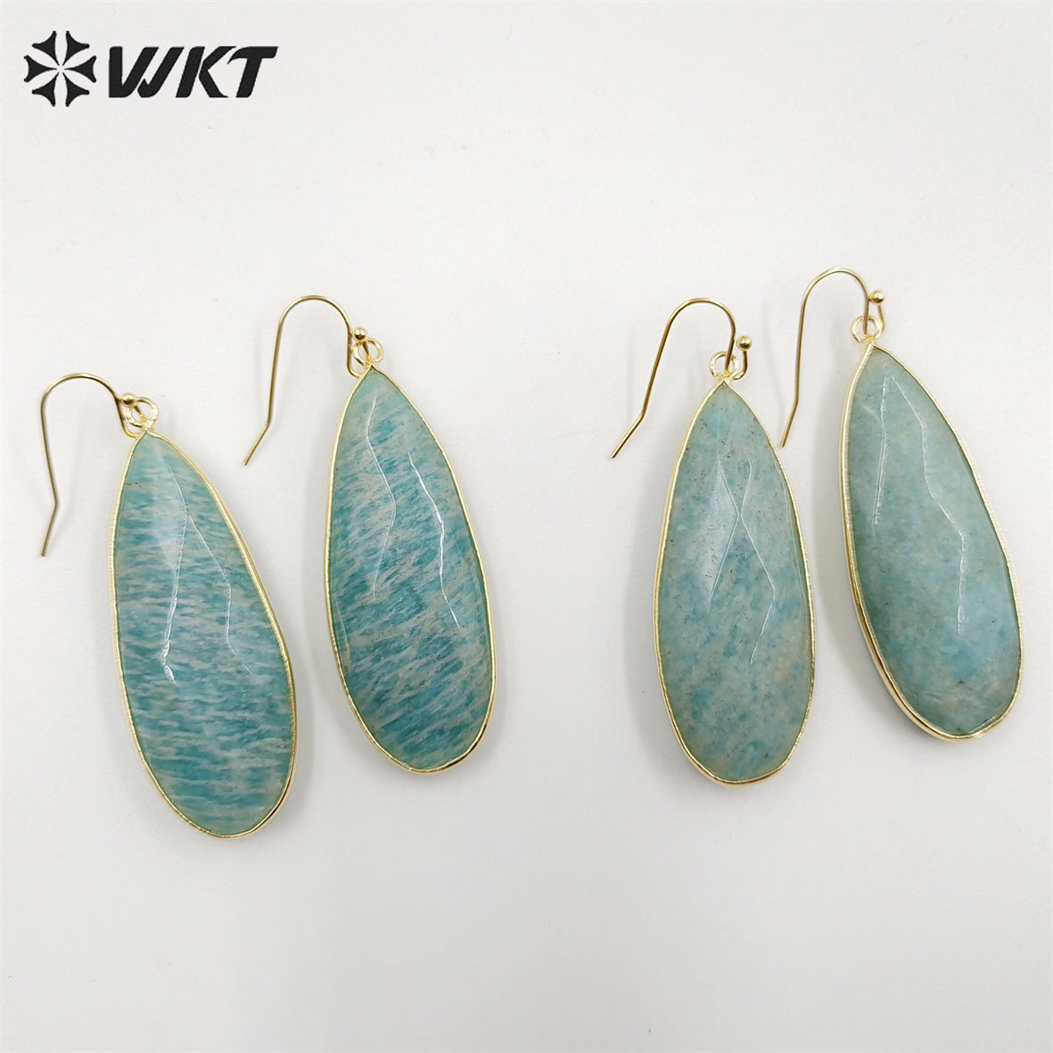 WT-E708 Women Gorgeous Double Faceted Cut Long Waterdrop Amazonite Earrings 18k Gold Bezel Dangle Earrings for Girls