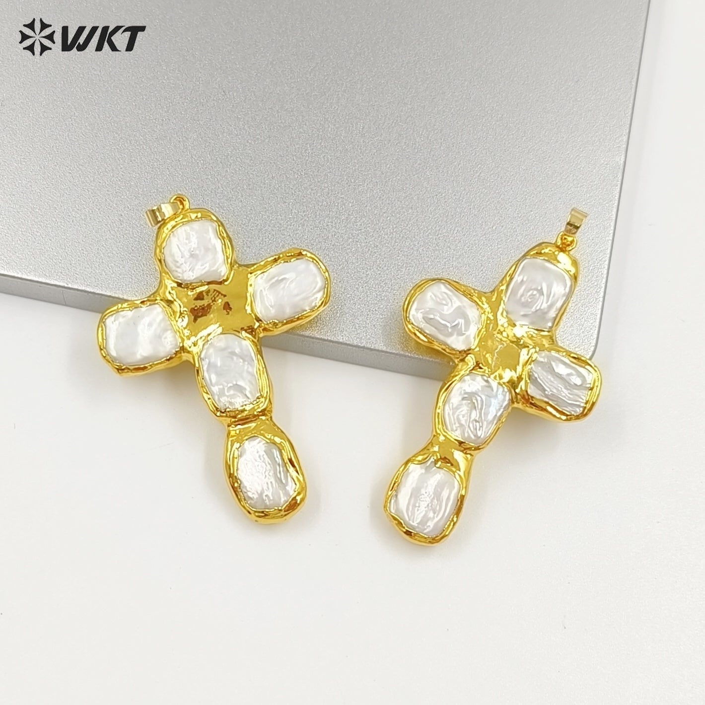 WT-JP420 New Sales Square Natural Freshwater Pearls Back Full Gold Plated Cross Shape Pendant For Jewelry DIY Accessories