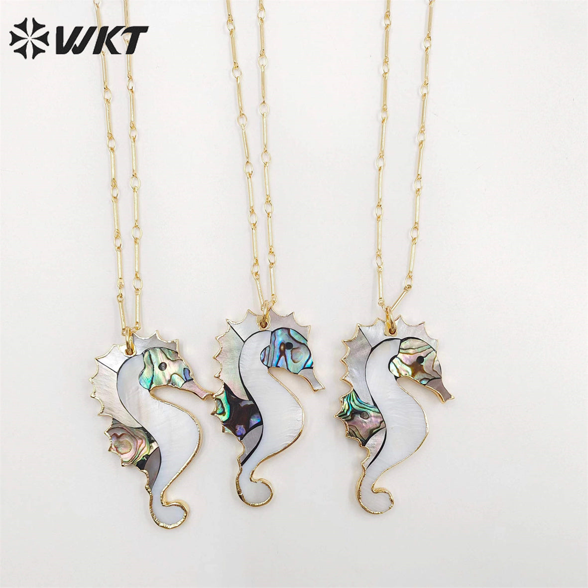 WT-N1069 WKT Wholesale New Fashion Stick Link Chain Jewelry Seahorse Shape Natural Abalone Shell Necklace