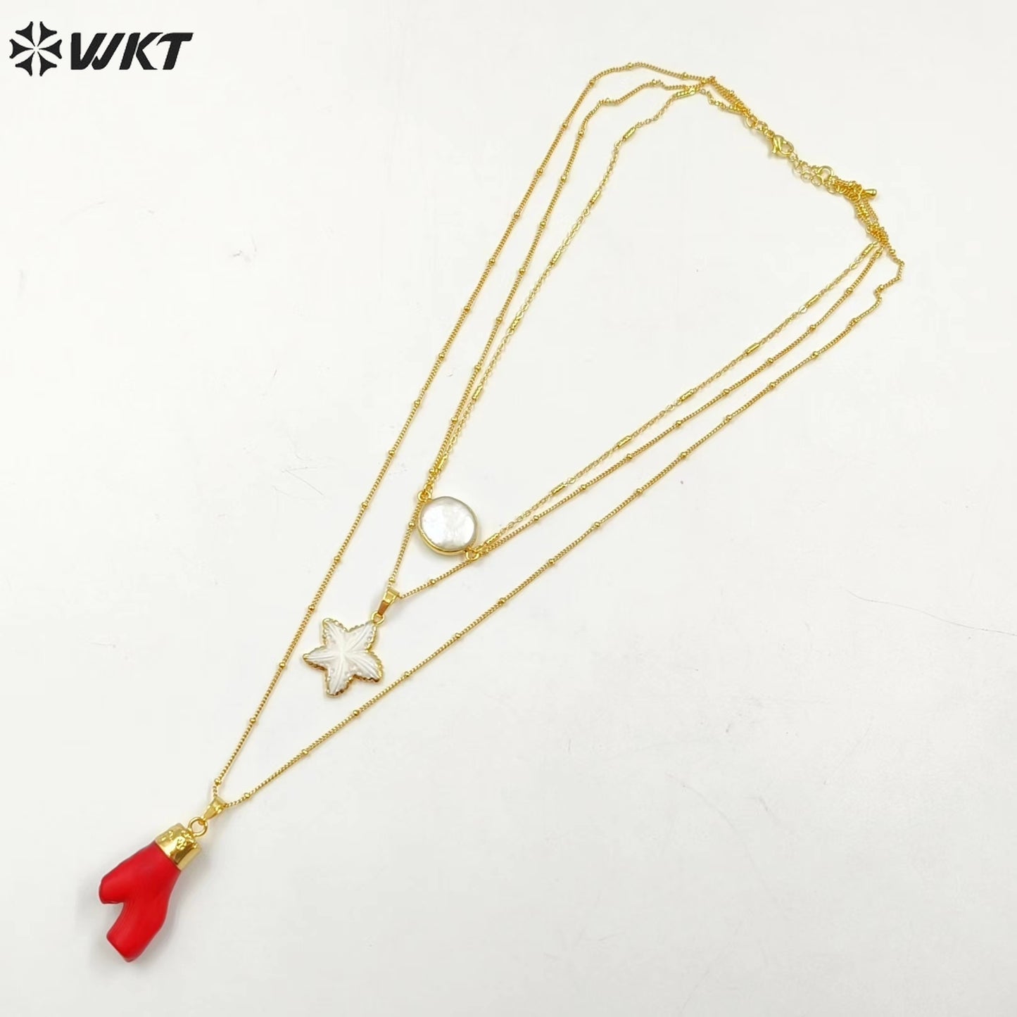 WT-N1325 Noble and Nice Jewelry with Freshwater Pearl Star Shape Shell Red Coral Pendants so Fashion Natural Stone Necklace