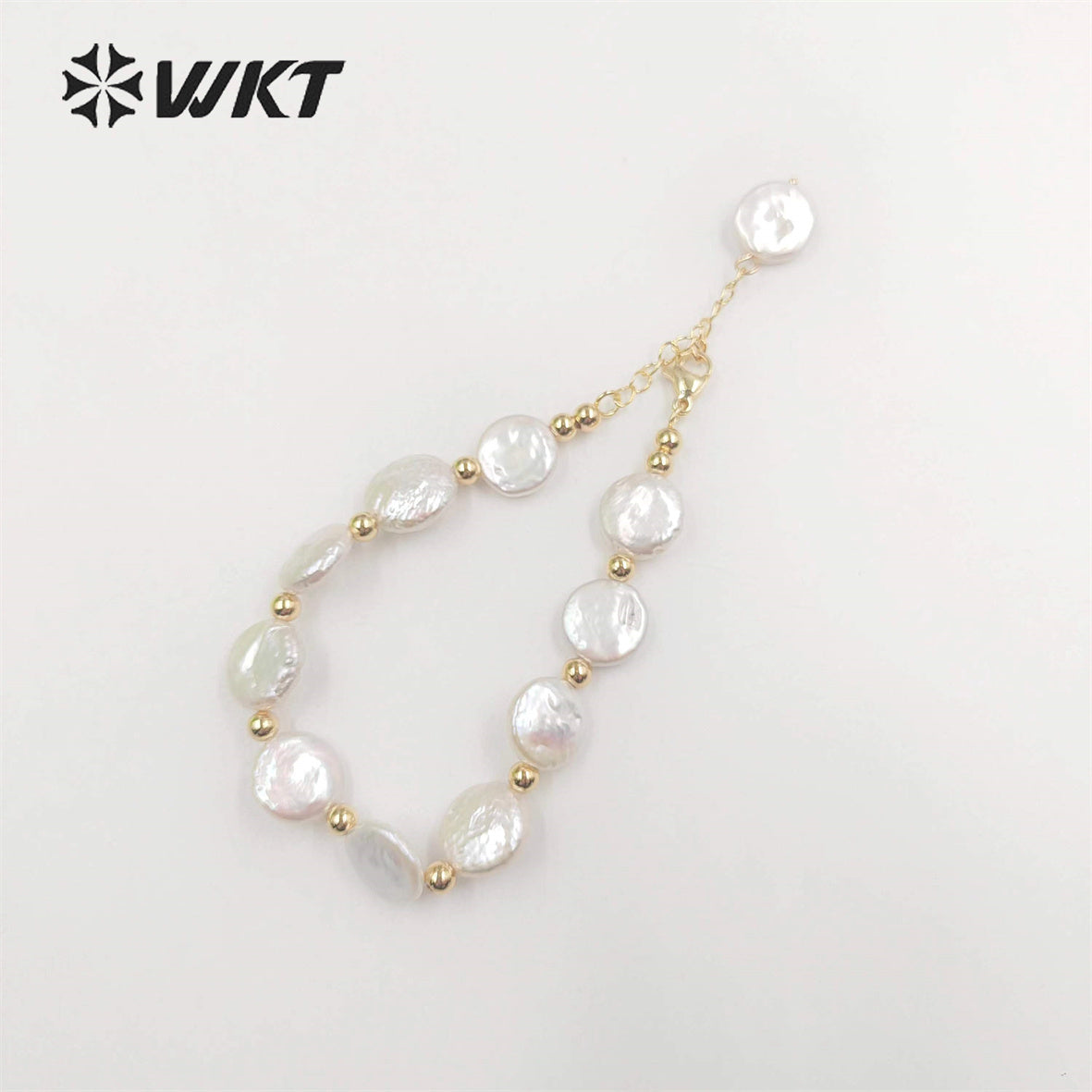 WT-MPB091 WKT New Design Delicate Round Coin Freshwater Pearl Bracelet 7Inch Long High Quality Pearl Beads Jewelry Bracelet