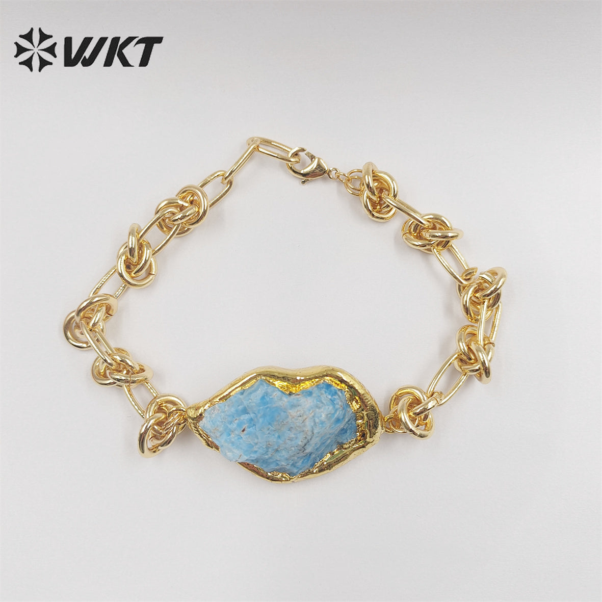 WT-B614 WKT Handmade New Knotted Shape Metal Chain Bracelets 18k Real Gold Plated Resist Tarnishable Natural Raw Stone Bracelets