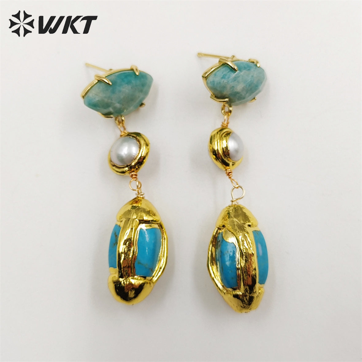 WT-E710 Wholesale Newest Fashion Gold Triple Stone Combined Earrings Women Wire Wrapped Handmade Gemstone Quartz Earrings