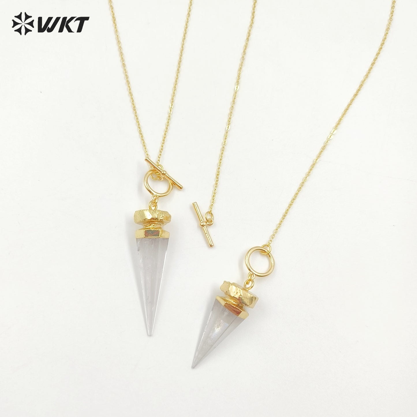 WT-N1463 Wholesale Fashion 18K Real Gold Plated Natural Crystal Quartz Point Energy Healing Bullet Stone Necklace