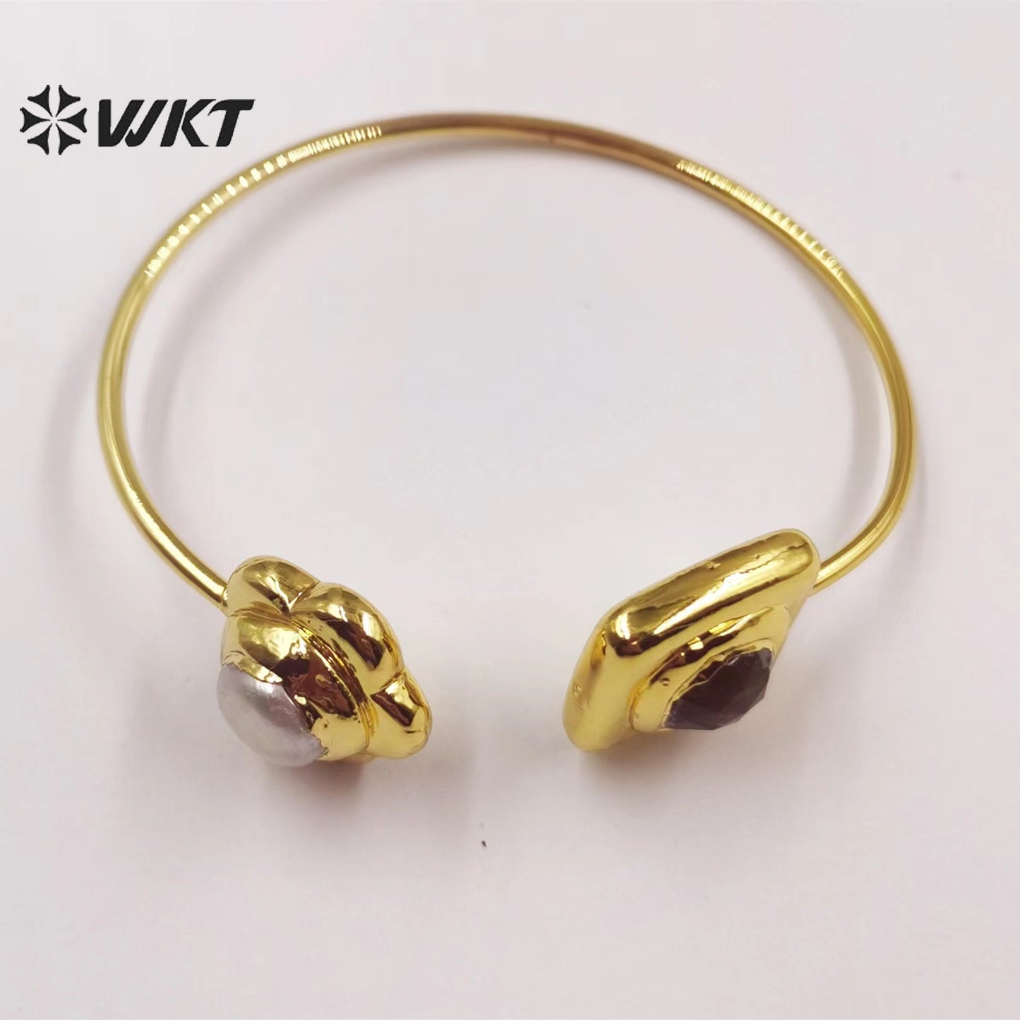 WT-MPB053 Delicate Round Pearl Druzy Quartz Stone Combination Bangles 18k Gold Plated Adjustable Bangles Natural Quartz Bangles