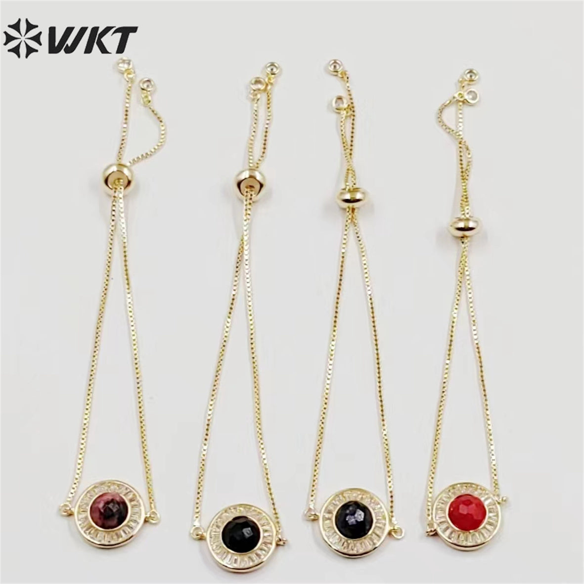 WT-B624 WKT Elegant Charming Round Micropaved Cubic Zircon Gold Bezel Stone Bracelet Adjustable Gold Double Connector Bracelet