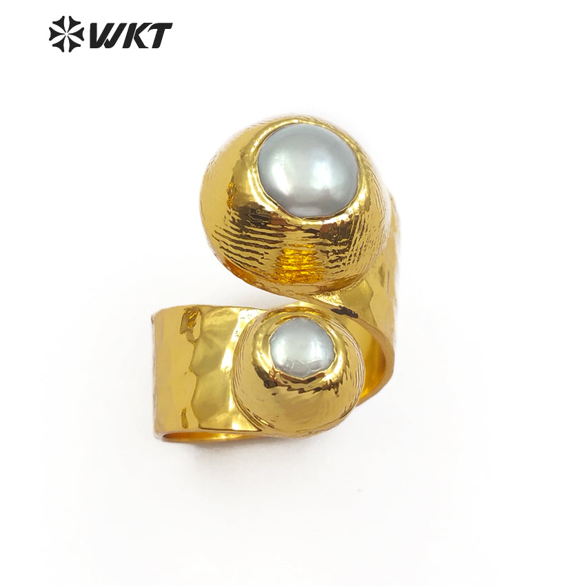 WT-R329 Fashion Design Women Adjustable Gold Jewelry Gemstone and Natural Freshwater Pearl Jade in Round Shape Ring