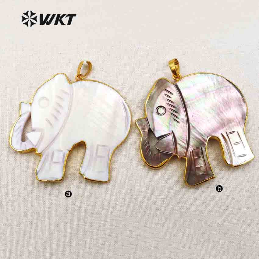 WT-P1345 Adorable Newest Shell Carved Elephant Pendant Unisex Handcarved Gold Trim Shell Elephant Pendant Natual Shell Pendant