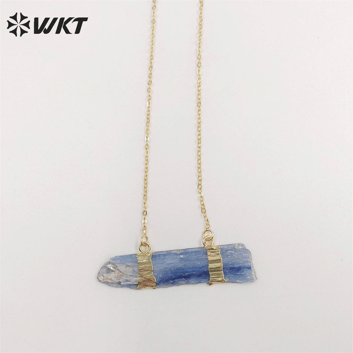 WT-N482 Wholesale Raw Blue Kyanite Double Loops Necklace With 18" Long Chain Natural Raw Blue Stone Kyanite Necklace