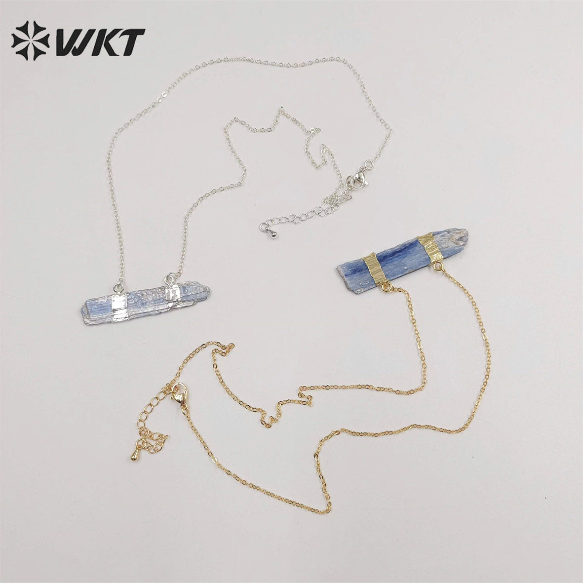 WT-N482 Wholesale Raw Blue Kyanite Double Loops Necklace With 18" Long Chain Natural Raw Blue Stone Kyanite Necklace