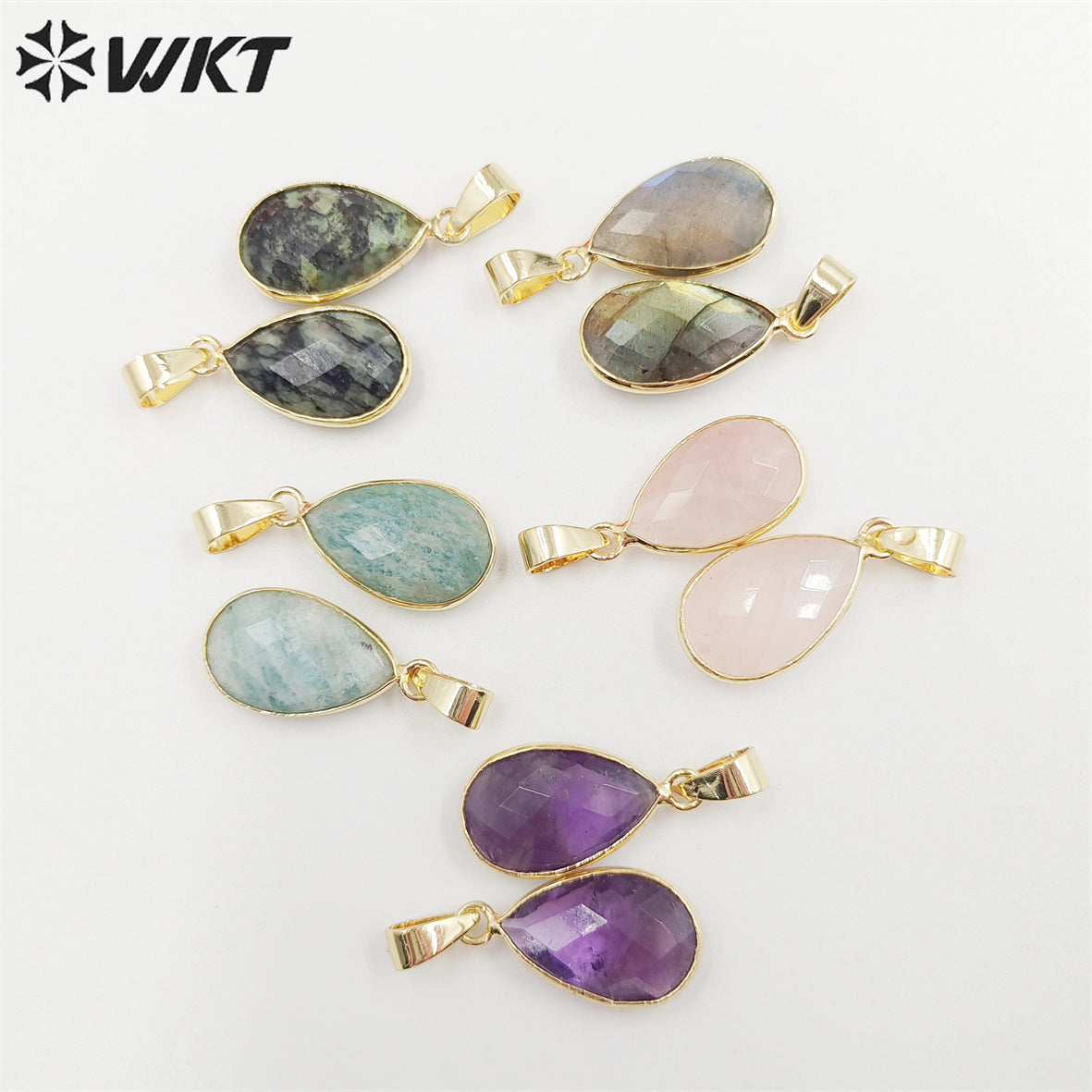 WT-P1891 Wholesale Fashion Gold Plated Bezel Setting Tiny Waterdrop Stone Pendant Amazonite Tiny Gemstone Drop Charms