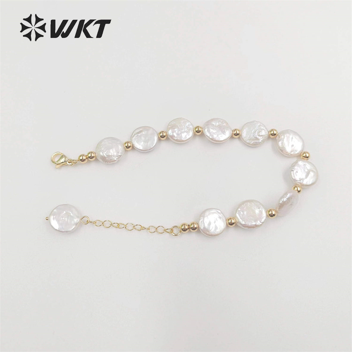 WT-MPB091 WKT New Design Delicate Round Coin Freshwater Pearl Bracelet 7Inch Long High Quality Pearl Beads Jewelry Bracelet