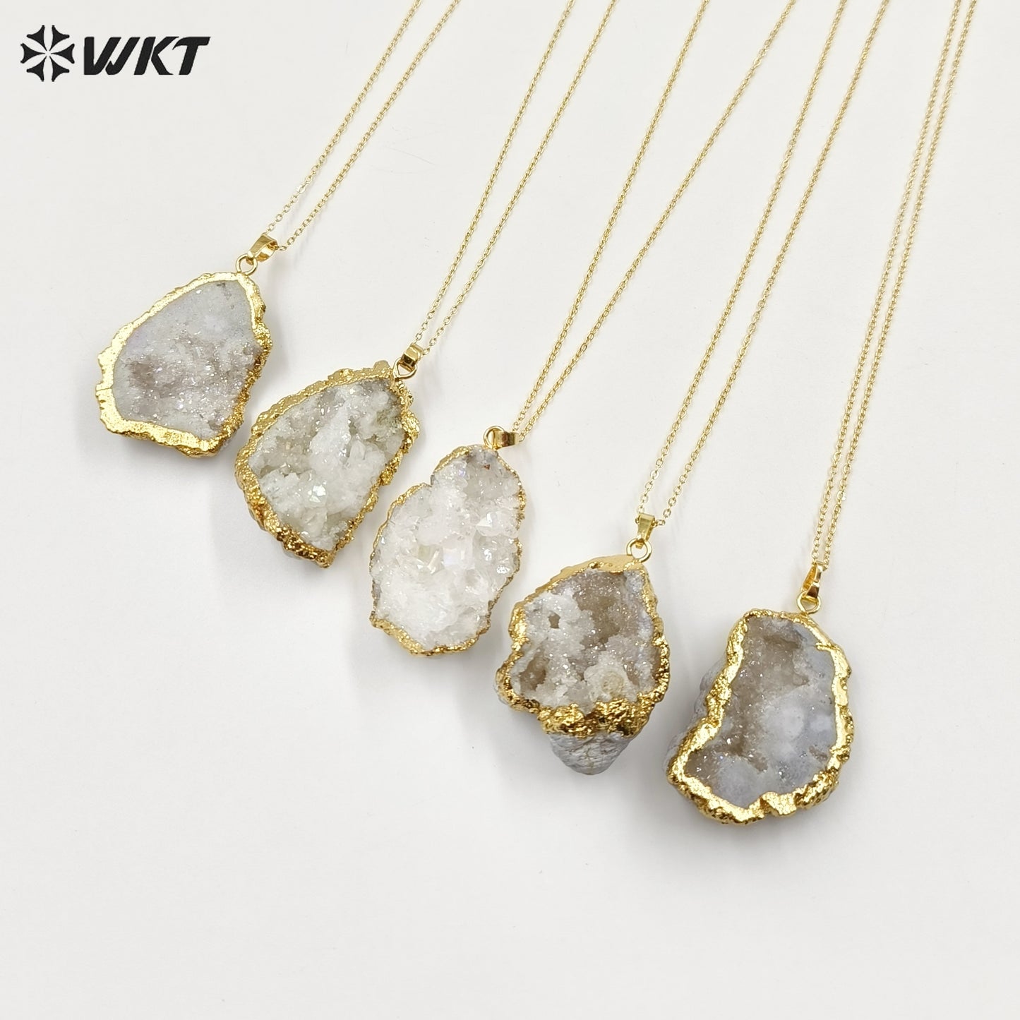 WT-N336 Wholesale Fashion Gold Plated Natural Geode Druzy White Crystal Quartz Hole Pendant Necklace Raw Stone