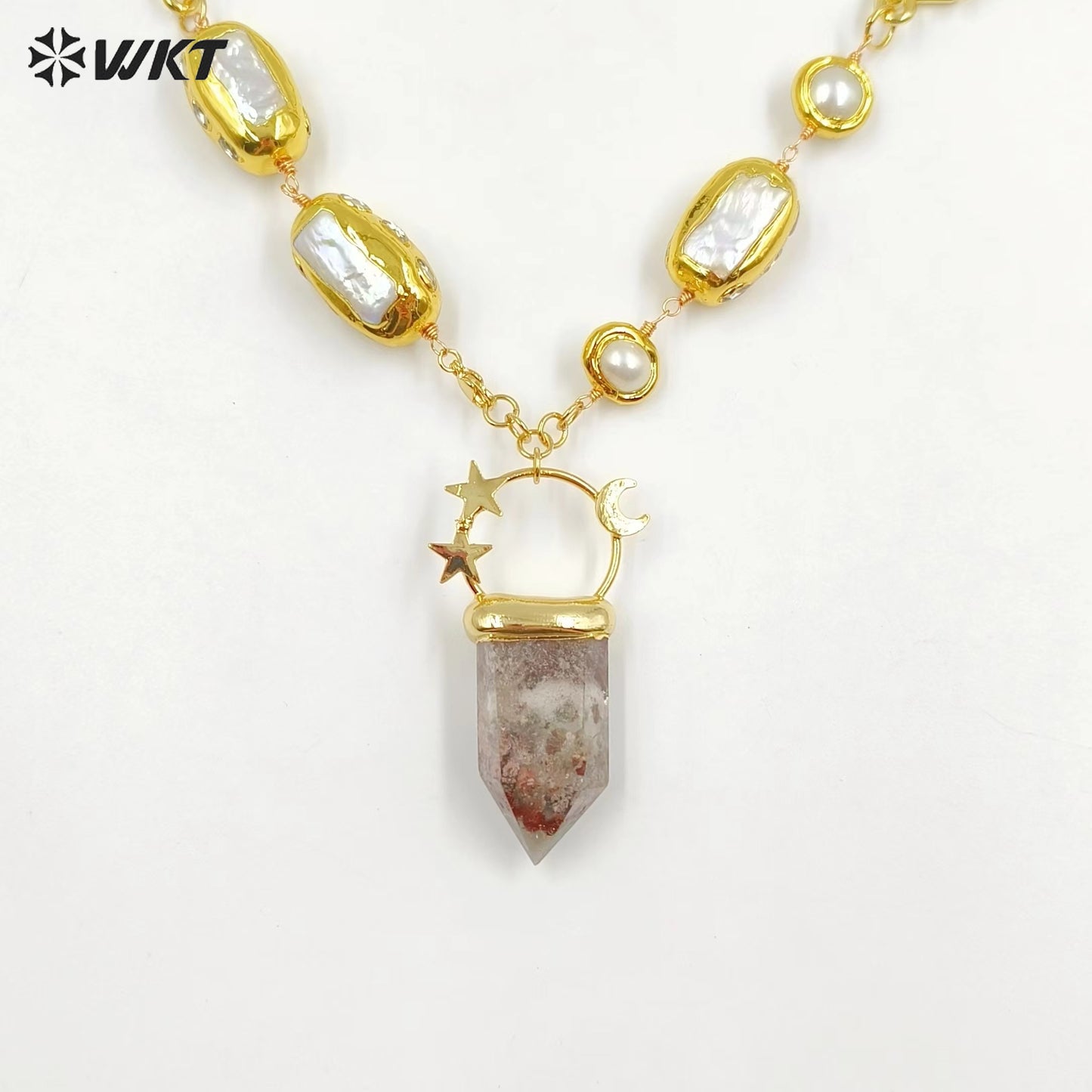 WT-JN255 Amazing WKT Unique Healing Energy Healing Quartz Stone With Real Pearl Beads Precious Pendant Necklace in 19 Inch Long