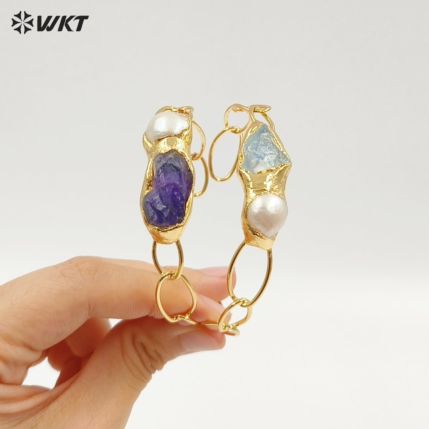 WT-B699 Wonderful Natural Gemstones Amethyst And Pearl Gold Plated Adjustable Size Bangles For Women Birthday Gift Free Shipping