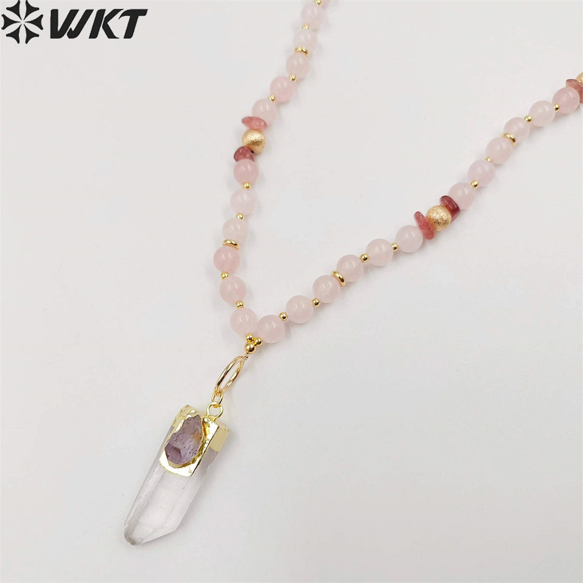 WT-N1411 WKT New Design Women Long Energy Pink Crystal Quartz Point Pendant Necklace Lucky Elegance Shirt Chain Necklace