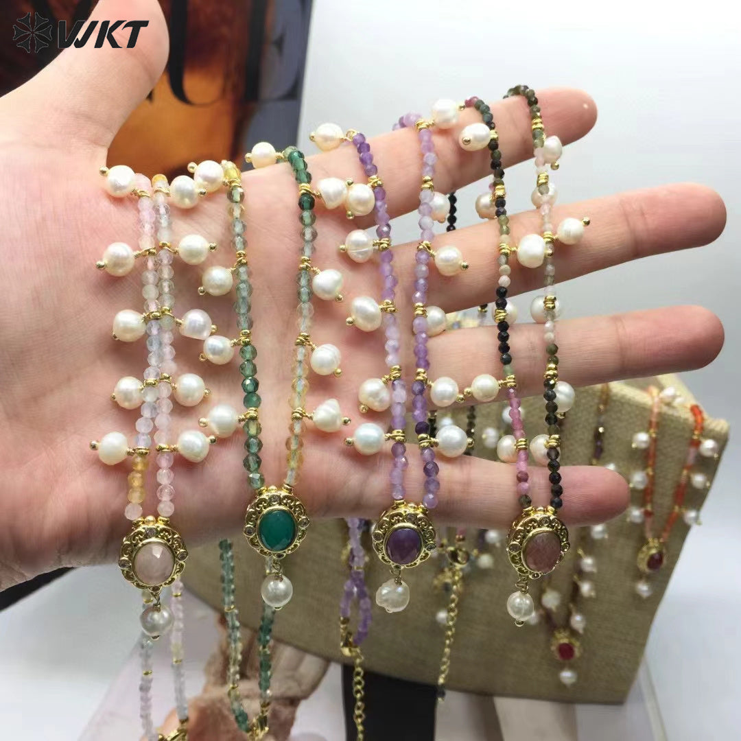 WT-N1473 WKT Elegant Handmade Natural Faceted Tiny Gemstone Beads Craft Delicate 16 Inch Long Stone Necklace
