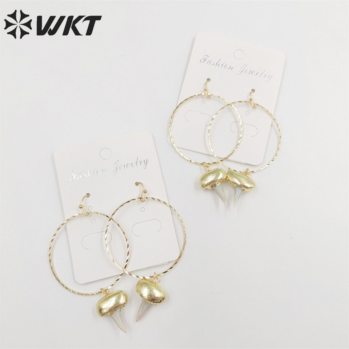 WKT-E676 Fashion Gold Plated Specimen Teeth Earrings Women Unique Big Hoop Dangle Shark Tooth Earrings