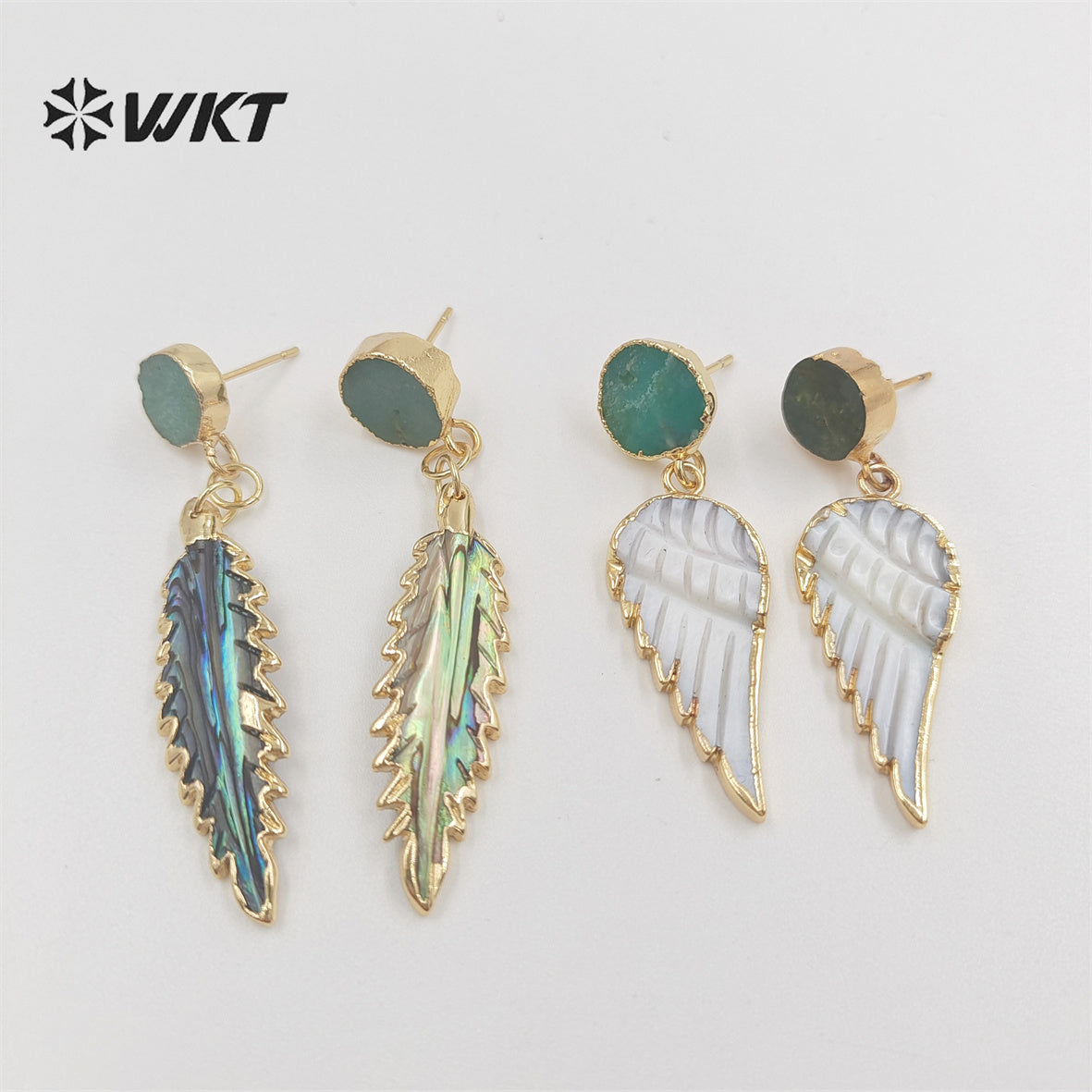WT-MPE076 Wholesale Fashion Gold Plated Abalone Feather Leaf Earrings Unique Charming Elegant Welding Shell Earring for Party